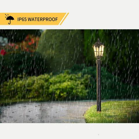Hardwired 120V Dusk To Dawn Outdoor Post Light Black Roman Aluminum Pole Lamp in rain showcasing all weather waterproof feature