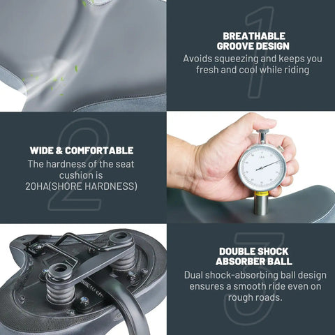 Oversized Bike Seat With Backrest For Maximum Comfort On Long Rides Wide Bicycle Saddle Replacement For Tricycle Electric Commuter And Stationary Bikes Soft Thick Foam Padding Waterproof Adjustable, breathable groove and shock absorber detail