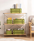 Heavy Duty Stackable Plastic Storage Bin For Kitchen, Bathroom, Office And Camping, Multi Purpose Organizer Tote, Undersink Cabinet Storage, Built To Last With Reinforced Edges, Green 2L And 2S on shelf with books and items