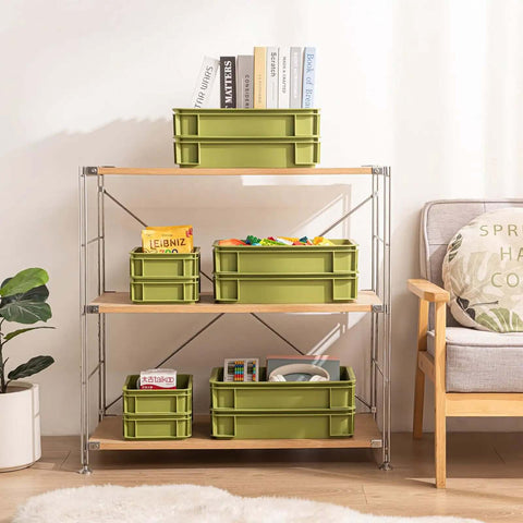 Heavy Duty Stackable Plastic Storage Bin For Kitchen, Bathroom, Office And Camping, Multi Purpose Organizer Tote, Undersink Cabinet Storage, Built To Last With Reinforced Edges, Green 2L And 2S on shelf with books and items