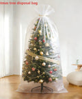 Transparent giant bag surrounding Christmas tree in living room, part of Huge Balloon Storage Bags Pack Of Four Transparent Giant Bags 59 By 98 Inches And 47 By 59 Inches Perfect For Balloon Transport And Storing Christmas Trees Sofas And Luggage.