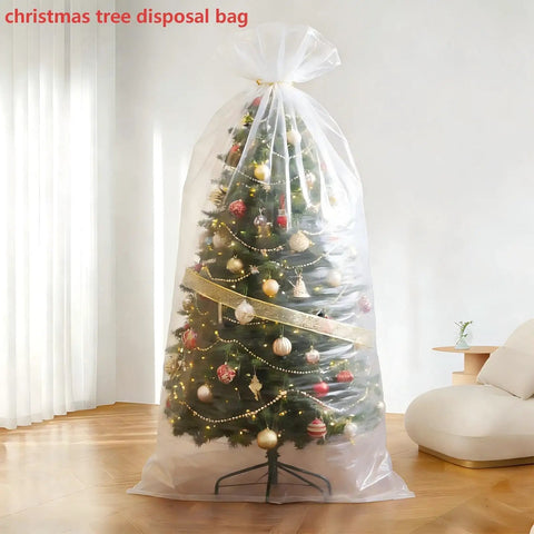 Transparent giant bag surrounding Christmas tree in living room, part of Huge Balloon Storage Bags Pack Of Four Transparent Giant Bags 59 By 98 Inches And 47 By 59 Inches Perfect For Balloon Transport And Storing Christmas Trees Sofas And Luggage.