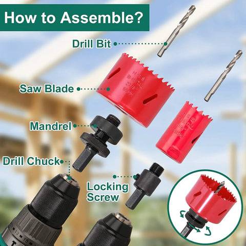 HYCHIKA bi-metal hole saw kit, 17 pcs with 3/4–2-1/2 in saws, mandrels and drill bits in case