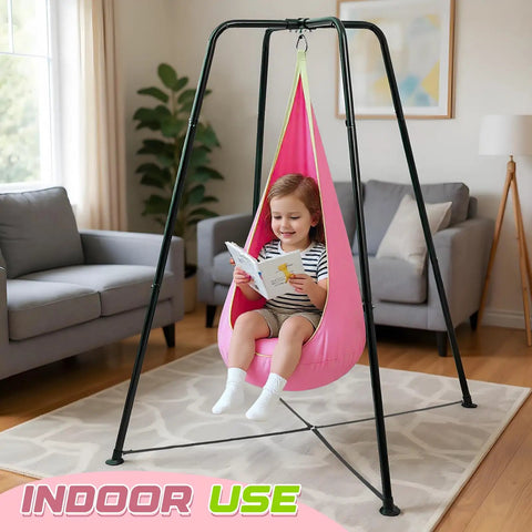 Child reading on Sensory Swing Stand Frame With Pod Chair And Swings Set For Kids And Adults Heavy Duty Metal Swing