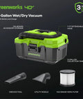 Cordless 40V 3 Gallon Wet Dry Shop Vacuum With Extras, 450W Suck Power, 67 CFM Air Flow, 3 In 1 Function For Liquid Debris And Blower