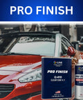 Pro Finish 2K clear coat kit with blue 1-gallon can and hardener bottle in foreground, red car in background