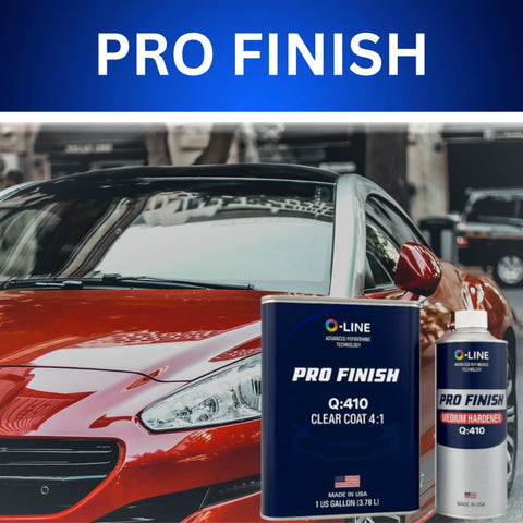Pro Finish 2K clear coat kit with blue 1-gallon can and hardener bottle in foreground, red car in background