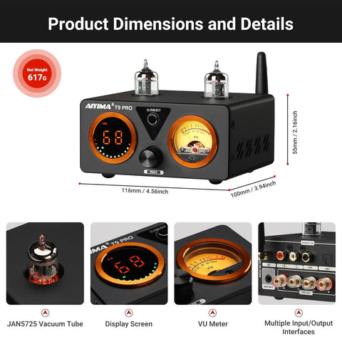 T9PRO 200W 2 1 Channel Tube Bluetooth DAC Stereo Amplifier with display, VU meter, and rear audio inputs