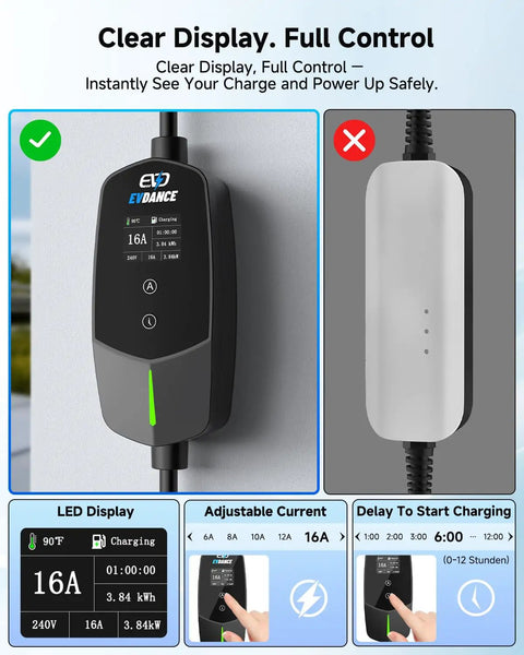 Tesla Ready Portable Level 1 And Level 2 EV Charger With 16A Output 25 Foot Cable, LED display, adjustable current, timer delay