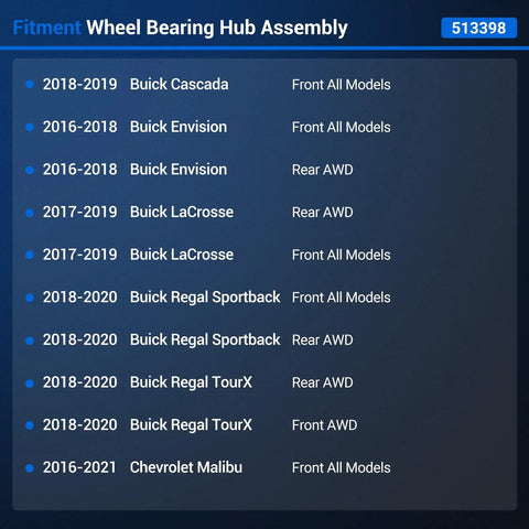 Fitment chart for Front And Rear Wheel Bearing Assembly For Chevy Malibu And Buick Vehicles With Five Lug And ABS, showing model years.