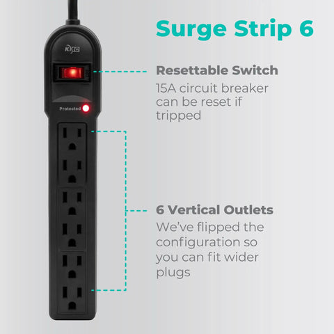 Two Pack Six Outlet Surge Protector Power Strips With Four Foot Cord 900 Joules Overload Protection Lighted Switch Great For Home Office Entertainment Gaming Setups Black featuring resettable switch and 6 vertical outlets.