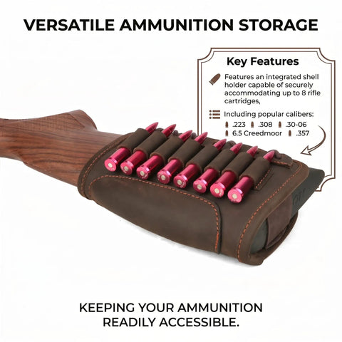 Adjustable Cheek Riser Rifle Stock Pad With Leather Protection And Eight-Round Ammo Holder on wooden rifle stock
