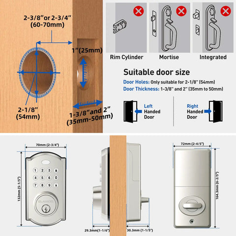 Diagram showing installation guidelines for keyless entry door lock with keypad and smart deadbolt auto lock waterproof security.