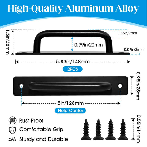 Diagram of 5 Inch Black Barn Door Handles 2 Pack Premium Aluminum Alloy Cabinet Pull Handles With Screws, showcasing dimensions and features.