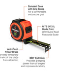 ControlTouch NITE Eye 16ft Tape Measure with Anti-Pinch Finger Brake, high contrast XL blade, and 360-degree end hook features