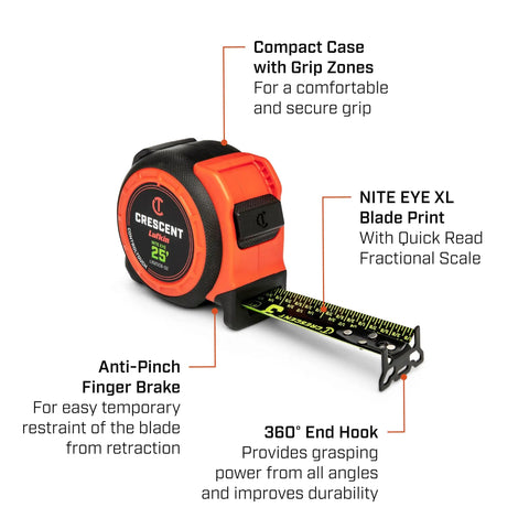 ControlTouch NITE Eye 16ft Tape Measure with Anti-Pinch Finger Brake, high contrast XL blade, and 360-degree end hook features