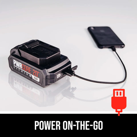Beast Mode Ready PWR CORE 20 Brushless 20V Oscillating Tool Kit With 2.0Ah Battery charging phone via PWRAssist USB port.