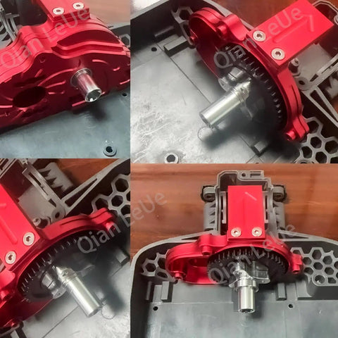 Hardened Steel Spur Gear Set Mod 1 1.0 Metric Pitch for One Eighth and One Tenth RC Cars with red gearbox and gears.