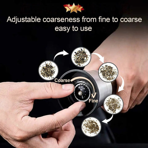 Adjusting coarseness on Salt And Pepper Grinder Set With Wooden Standing Tray Refillable Pepper Mill Set In Brushed Stainless Steel.