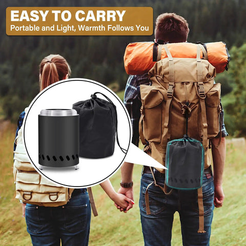 Smokeless Tabletop Fire Pit For Outdoor Use Portable Mini Stove With Carry Bag shown attached to a backpack for easy transport.