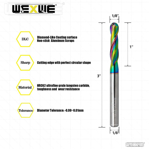 WEXWE ball-nose carbide end mill, extra-long, 1/8 in shank, DLC coating, 2-flute, side view