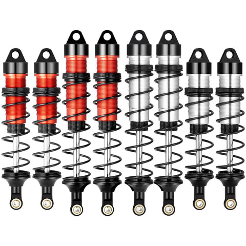 Adjustable Front And Rear RC Shock Absorbers Set for 1 Eighth Scale Buggies and Truggies, red and silver shocks lined up