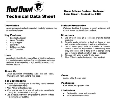 Technical data sheet of Seam Repair Adhesive for Wallpaper Clear 5 Oz Tube, includes description, features, and application instructions.