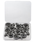 10-pack 8 mm bore ball-mounted pillow block insert bearings in gray metal with black seals in a clear plastic case