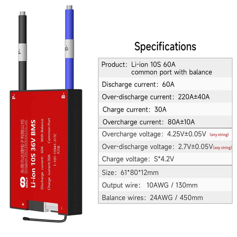 Rock Solid 36V BMS For 18650 Lithium Ion Battery Pack 60A 10S Protection Module showing specifications and connectors.
