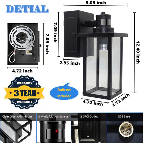 Porch Lights With GFCI Outlet, Dusk To Dawn Motion Sensor Outdoor Lighting, Three Modes; detailed specs and features.