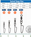 Size chart of heavy duty fishing swivels with snap for bass tackle, showing four sizes with a U.S. quarter for scale.