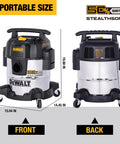 StealthSonic 5 Gallon Wet Dry Shop Vacuum Ultra Quiet With 4 HP Power Stainless Steel Canister includes front and back view