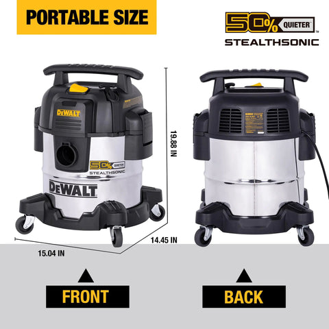 StealthSonic 5 Gallon Wet Dry Shop Vacuum Ultra Quiet With 4 HP Power Stainless Steel Canister includes front and back view