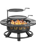 36 Inch Outdoor Fire Pit With Dual Grills And Lid, Black, showing wood burning flames and metal circular design for backyard use