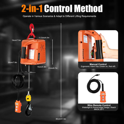 Front view of orange 3-in-1 electric hoist winch with wired and wireless remote controls and lifting hook.