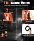 Heavy Duty Electric Hoist Winch With Wired Remote 1100 Lbs, showing dimensions and control methods for safe lifting.