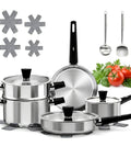 Induction Ready Stainless Steel 14 Piece Cookware Set With Stay Cool Handles Glass Lids Steamer Insert And Utensils Including 2.2