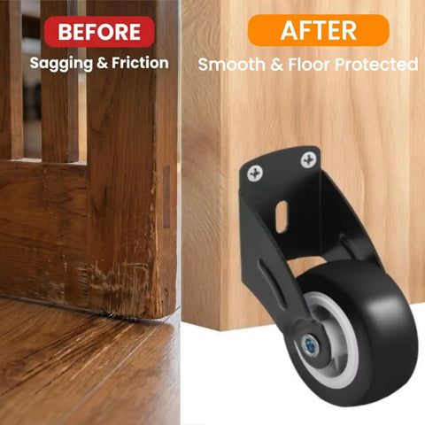 Heavy Duty 2 Inch Anti Sag Gate Wheel Set Of 4 To Straighten Up Saggy Fences shows before and after installation for smooth gliding.