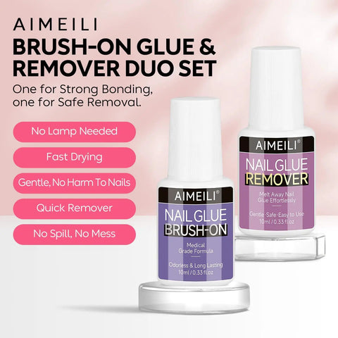 Pro Nail Glue And Remover Kit For Press On Nails, Strong Gel Bond For Acrylic Tips, Quick Nail Removal, 10ml bottles.