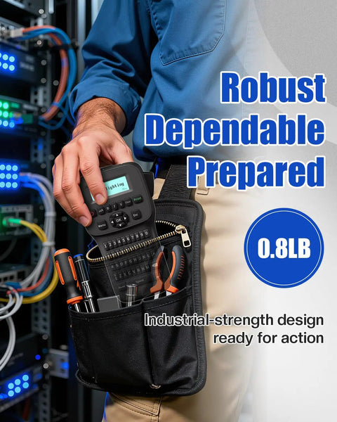 Image of Real Deal Handheld Label Maker With Plug and Play Bluetooth Sync, held in a pocket with tools for quick tagging tasks.