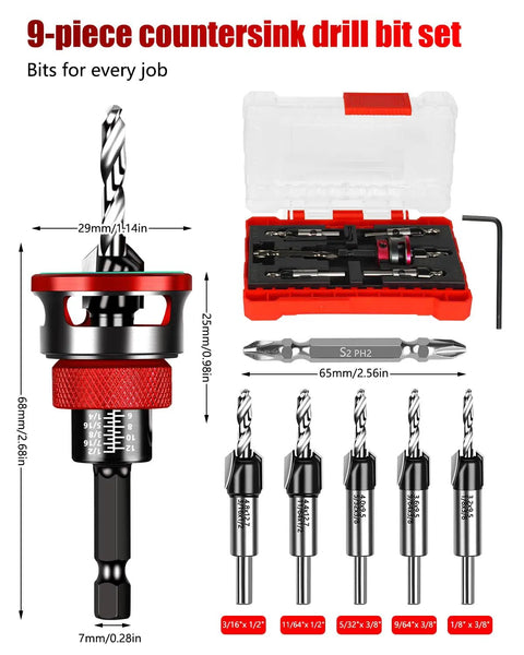 Hassle Free Premium Countersink Drill Bit Set With Adjustable Depth Stopper For Dead Nuts Flush Installs And Super Clean Woodworking Vibe 9-piece kit with adjustable depth stop and hex shank.