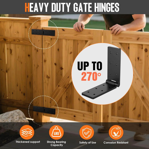 Heavy Duty Gate Hinges 2 Pack Black 270 Degree Adjustable Butt Hinge on wood gate, showing thickened folding door hinges for outdoor use.