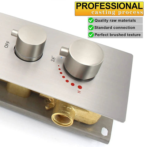 Five-Function Thermostatic Shower Valve Kit With Concealed Diverter And Six Round Knobs In Brushed Nickel, Run Multiple Shower Heads At Once, Precise Temperature Control, Full-Body Spa Experience, brushed nickel valve close-up