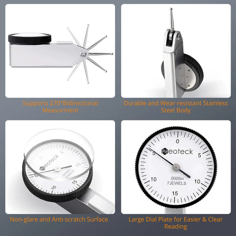 Neoteck dial test indicator with stainless steel body; large white dial, front and side views with storage case