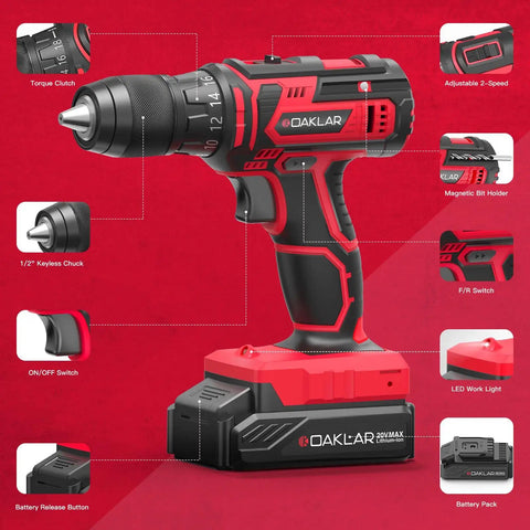 133 Piece Power Tool Kit Set With 20V Cordless Drill Half Inch All Metal Chuck Variable Speed 18 Plus 1 Clutch 2.0Ah Battery And Charger For Home Garage DIY Projects Handyman Ready