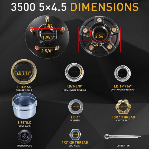 3500 lbs dimensions for Sweet Heavy Duty 2 Pack Boat Trailer Idler Hub Kit with bearings, seals, and lug nut specifications.