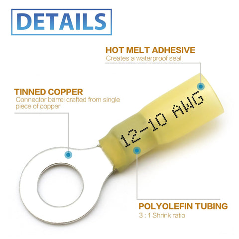Yellow heat-shrink insulated ring terminal for 12–10 AWG wires with metal ring contact