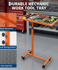 Rolling Heavy Duty Steel Work Table With Wheels Adjustable Height From 38.5 To 51.5 Inches 220 Lbs Capacity Big 17x26 Inch Tool Tray With Non Slip Padding Built For Garage Home Auto Repair And DIY Projects, shown with tools on top.