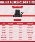 Heavy Duty 12V Inline Fuse Holder Kit Waterproof Blade Fuse Holder With 13.8 Inch Lead size chart and dimensions