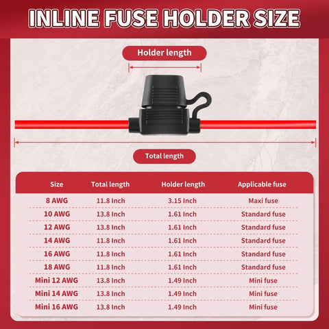 Image of 12 Volt Inline Fuse Holder size details, showing dimensions and applicable fuses for different wire gauges.